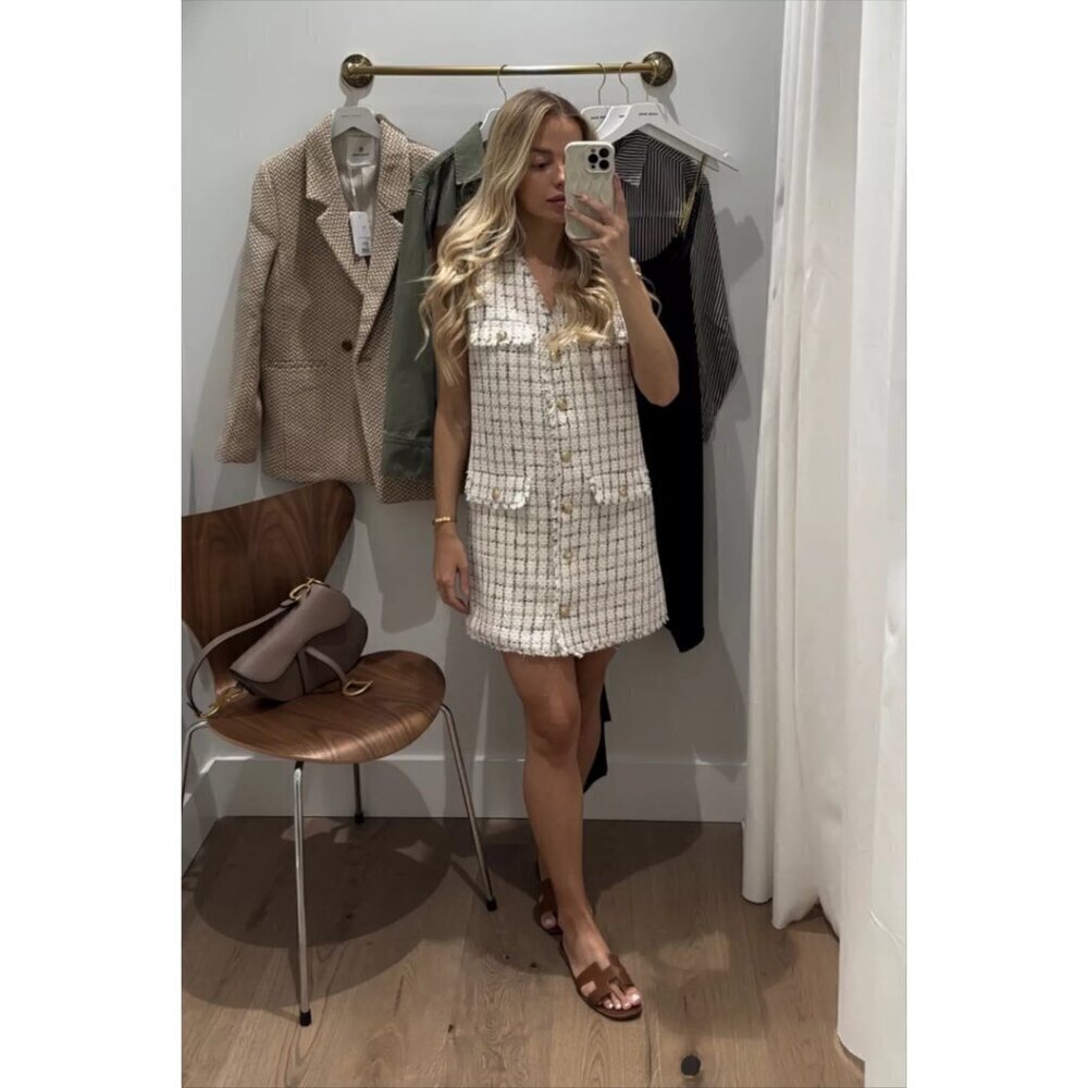 ANINE BING Janet Tweed Dress in White Plaid Size Medium NWT